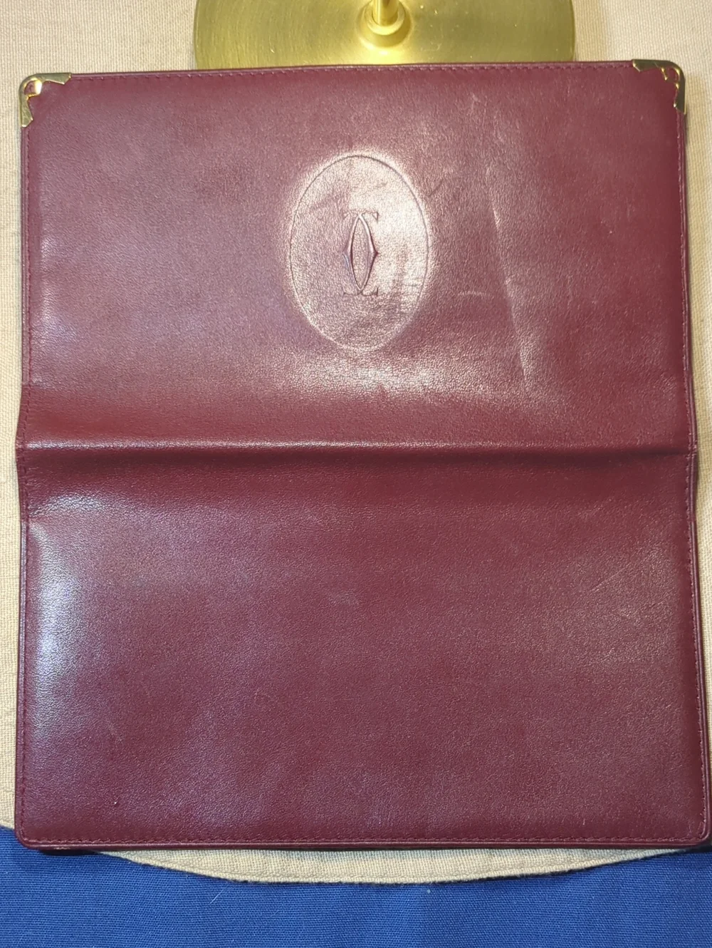 Vintage Cartier Burgundy Leather Envelope Clutch with Gold Corners $70
